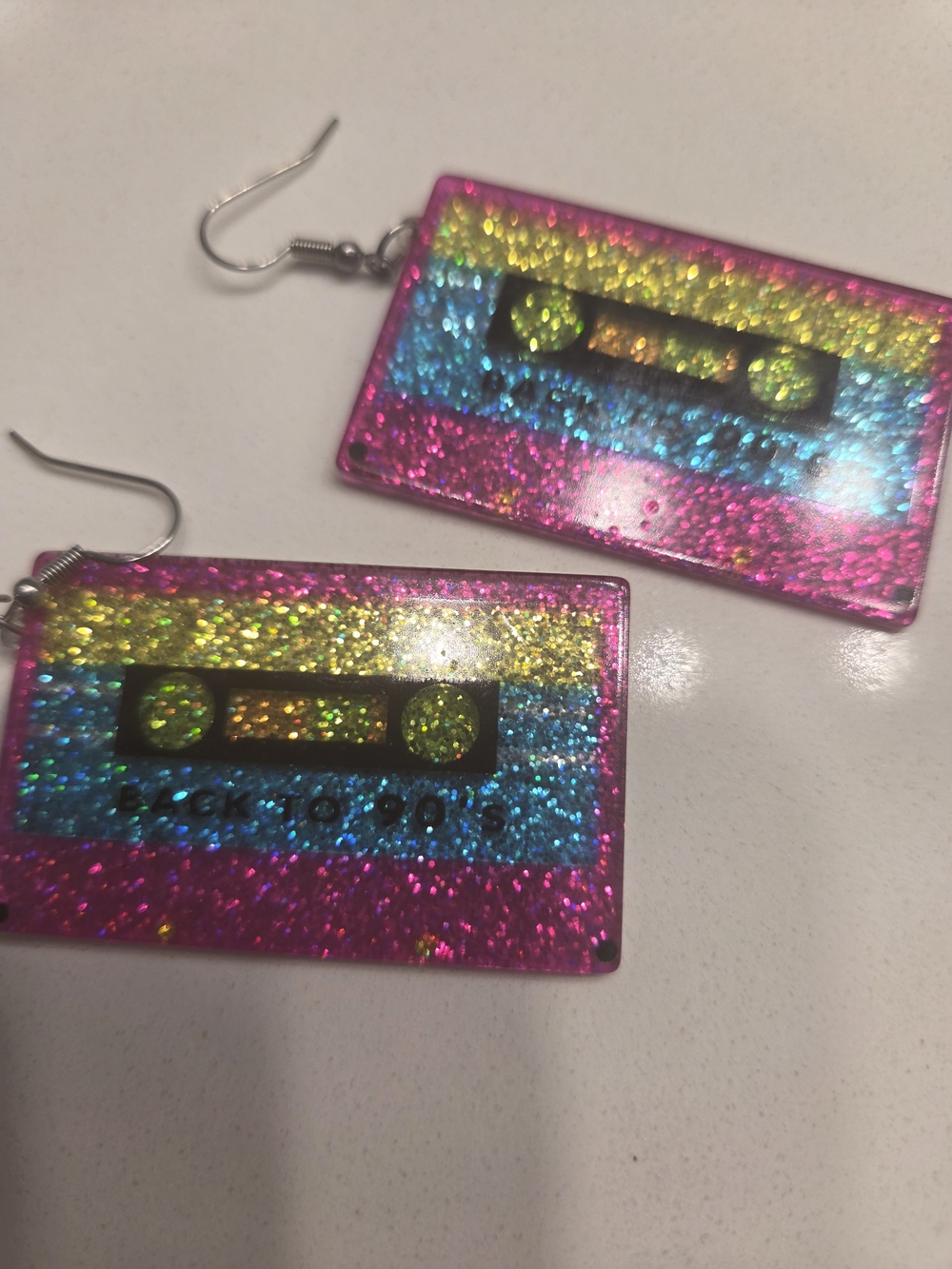 Glitter Cassette Tape Dangle Earrings - Pink, Blue, Yellow